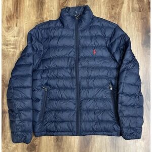 Polo Ralph Lauren Jacket Mens Medium Navy Blue Lightweight Puffer Zip Small Pony